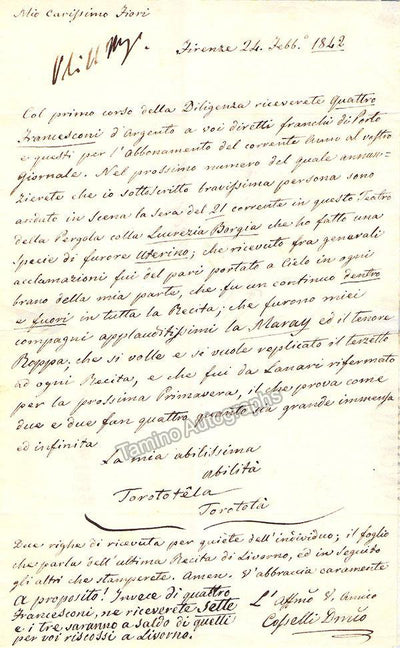 Cosselli, Domenico - Autograph Letter Signed 1842