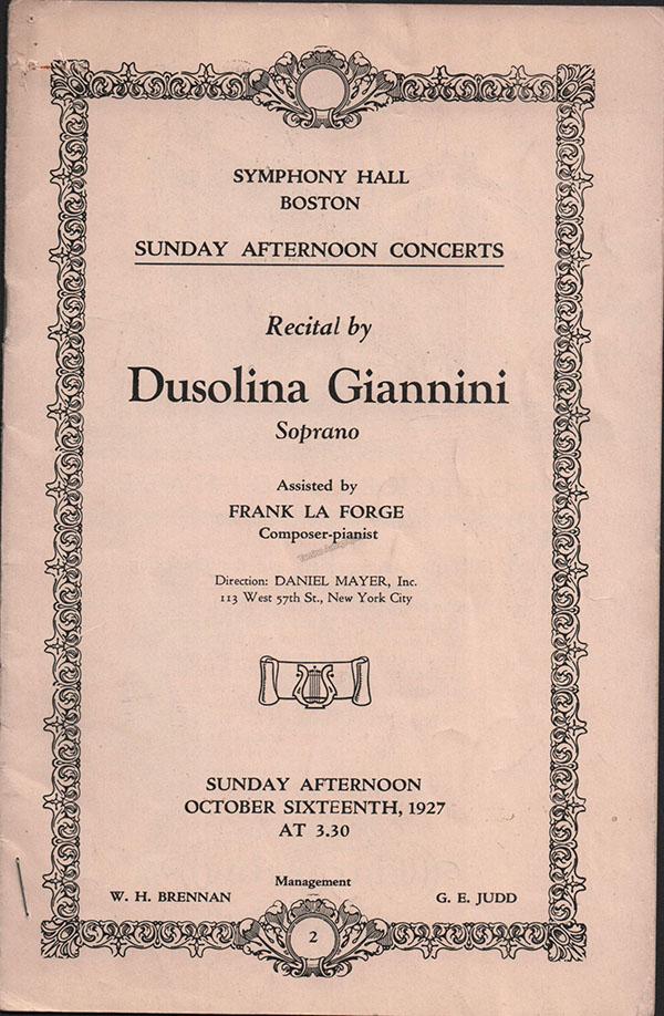 Giannini, Dusolina - Signed Program Boston 1927 - Tamino