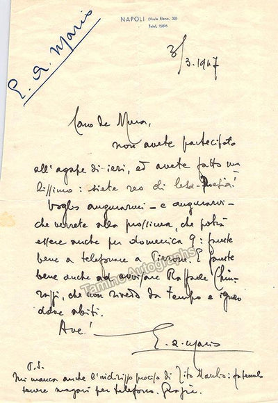 Gaeta, Giovanni (E.A. Mario) - Autograph Letter Signed 1947