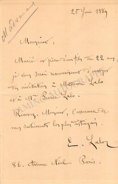 Lalo, Edouard - Autograph Note Signed 1889