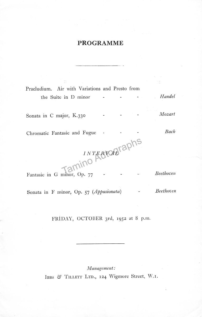 Edwin Fischer Autograph Signed Program London 1952 – Tamino