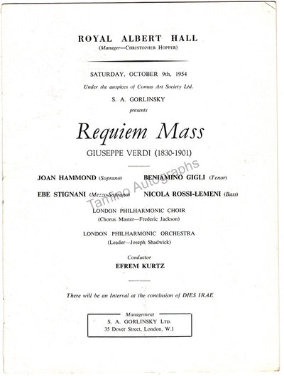 Kurtz, Efrem - Rossi-Lemeni, Nicola - Signed Program London 1954