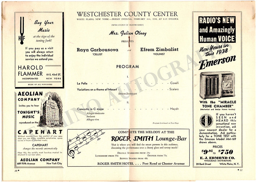 Zimbalist, Efrem - Garbousova, Raya - Signed Program New York 1938