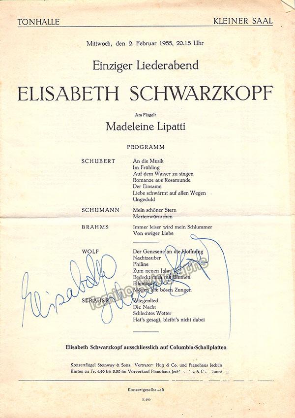 Schwarzkopf, Elisabeth - Signed Program Zurich 1955