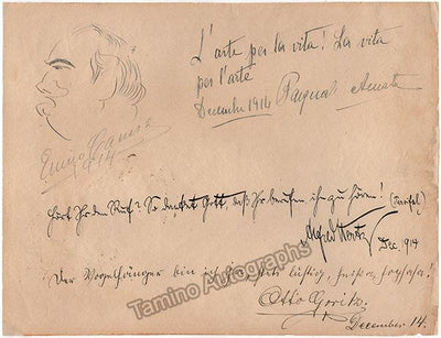 Caruso, Enrico - Amato, Pasquale - Goritz, Otto - Hertz, Alfred - Large Signed Album Page with Caricature 1914