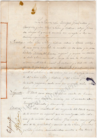 Granados, Enrique - Signed Contract for "Maria del Carmen" 1896