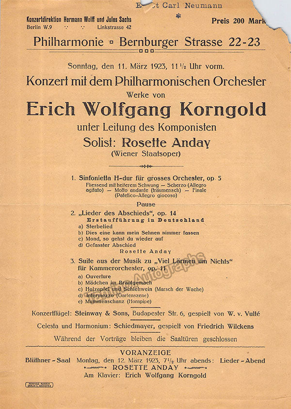 Korngold, Erich Wolfgang - Unsigned Playbill of him Conducting Several of his Compositions 1923