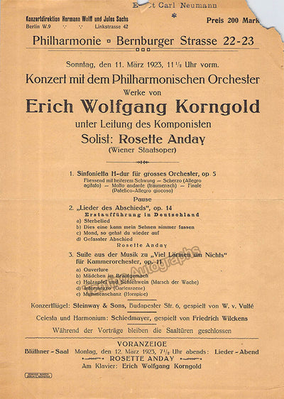 Korngold, Erich Wolfgang - Unsigned Playbill of him Conducting Several of his Compositions 1923