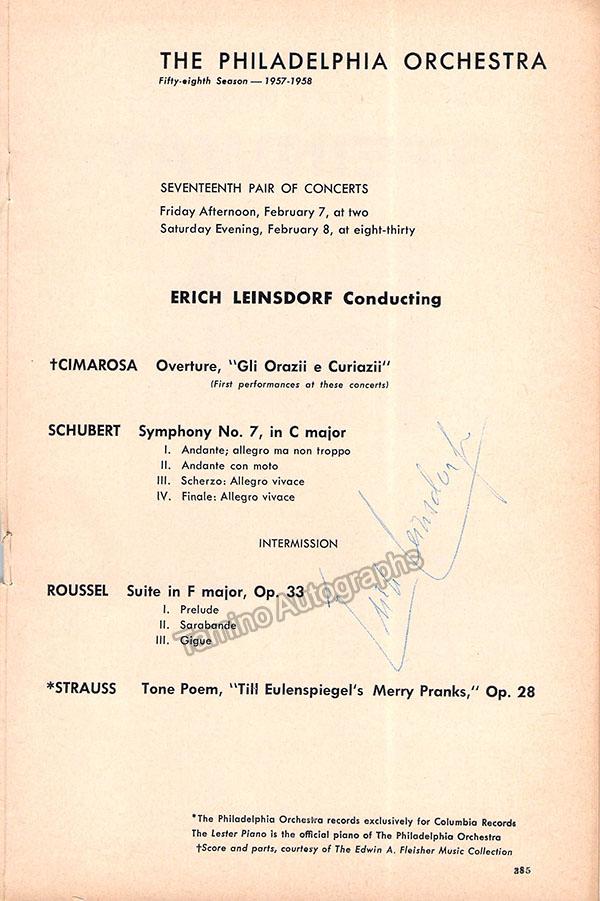 Leinsdorf, Erich - Signed Program Philadelphia 1958