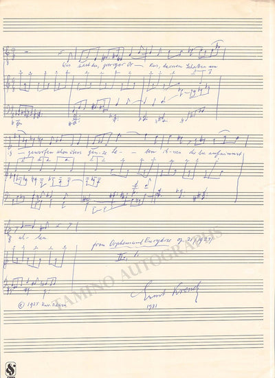 Krenek, Ernst - Autograph Music Quote Signed from "Orpheus und Eurydice" 1981