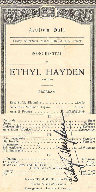Hayden, Ethyl - Signed Program Clip Aeolian Hall 1922