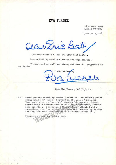 Turner, Eva - Typed Letter Signed 1987