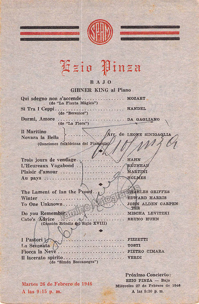 Pinza, Ezio - Signed Program Havana 1946