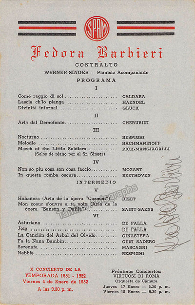 Barbieri, Fedora - Signed Program Havana 1952