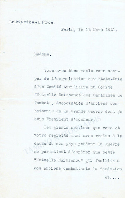 Foch, Ferdinand - Typed Letter Signed 1921