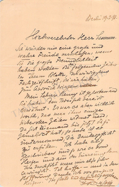 Busoni, Ferruccio - Autograph Letter Signed 1898