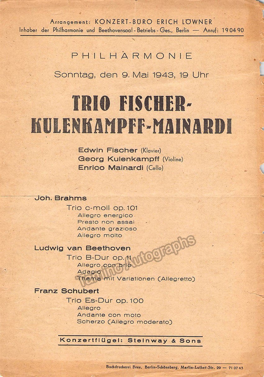 Kulenkampff, Georg - Mainardi, Enrico - Fischer, Edwin - Concert Program Berlin 1943