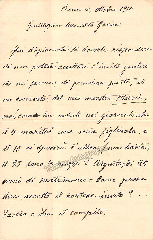 Francesco Marconi Autograph Letter Signed 1910 – Tamino