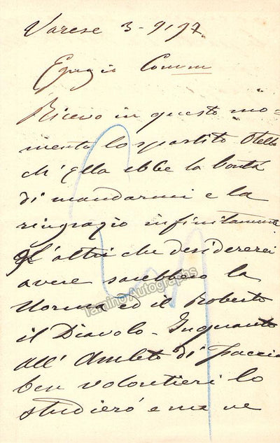 Tamagno, Francesco - Autograph Letter Signed 1897