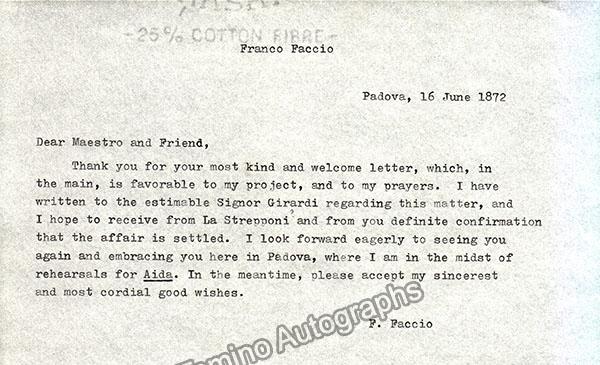 Faccio, Franco - Autograph Letter Signed 1872 & CDV - Tamino