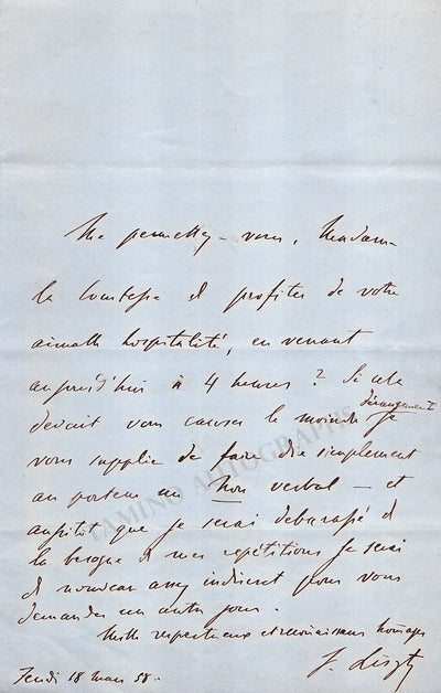 Liszt, Franz - Autograph Letter Signed 1858