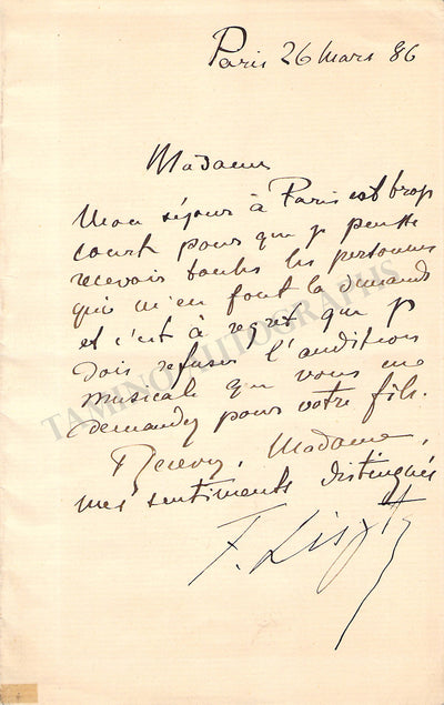 Liszt, Franz - Autograph Letter Signed 1886