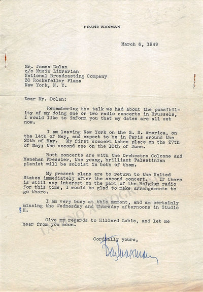 Waxman, Franz - Typed Letter Signed 1949