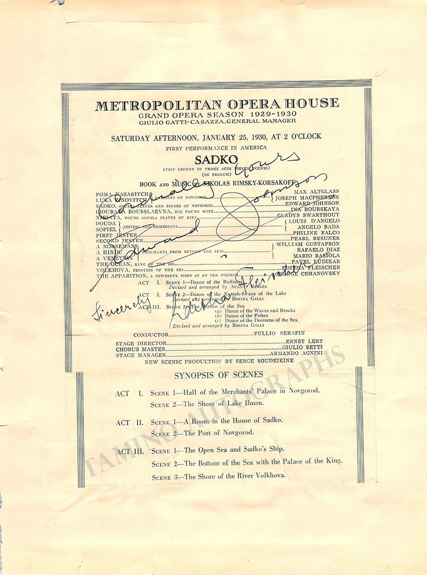 Leider, Frida - Olszewska, Maria – Johnson, Edward – Fleischer, Editha - Signed Program Clips Chicago & New York 1930 - Tamino