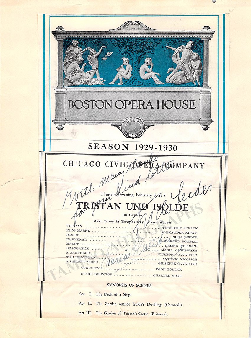 Leider, Frida - Olszewska, Maria – Johnson, Edward – Fleischer, Editha - Signed Program Clips Chicago & New York 1930