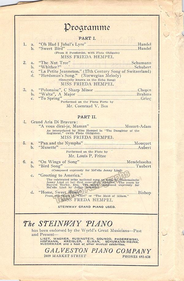 Hempel, Frieda - Signed Concert Program 1923 - Tamino