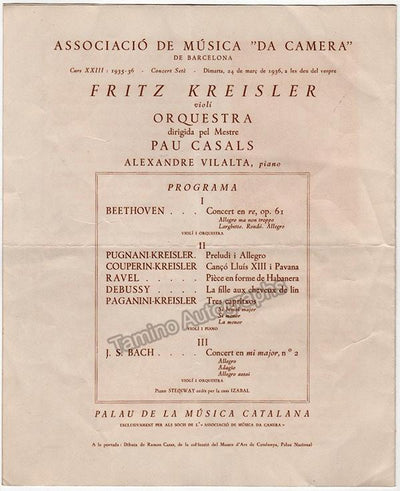 Kreisler, Fritz - Concert Program with Pablo Casals - Barcelona 1936
