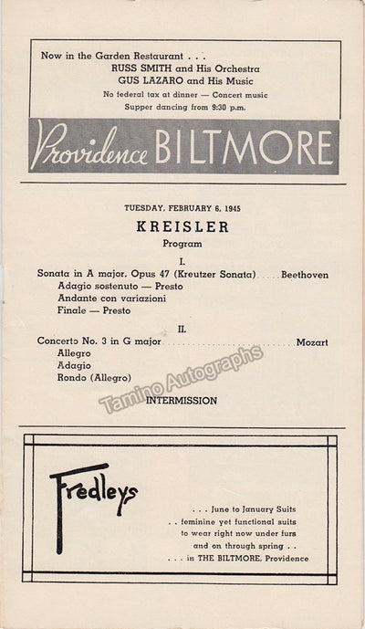 Kreisler, Fritz - Concert Program Providence 1945