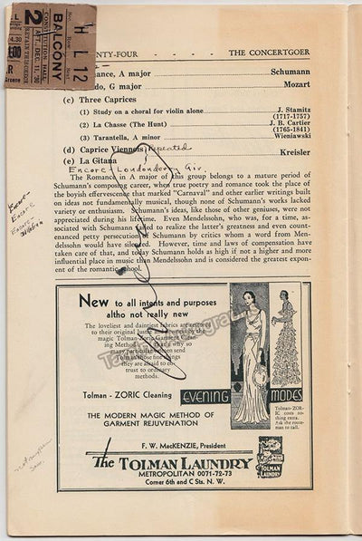 Kreisler, Fritz - Signed Program Washington 1930