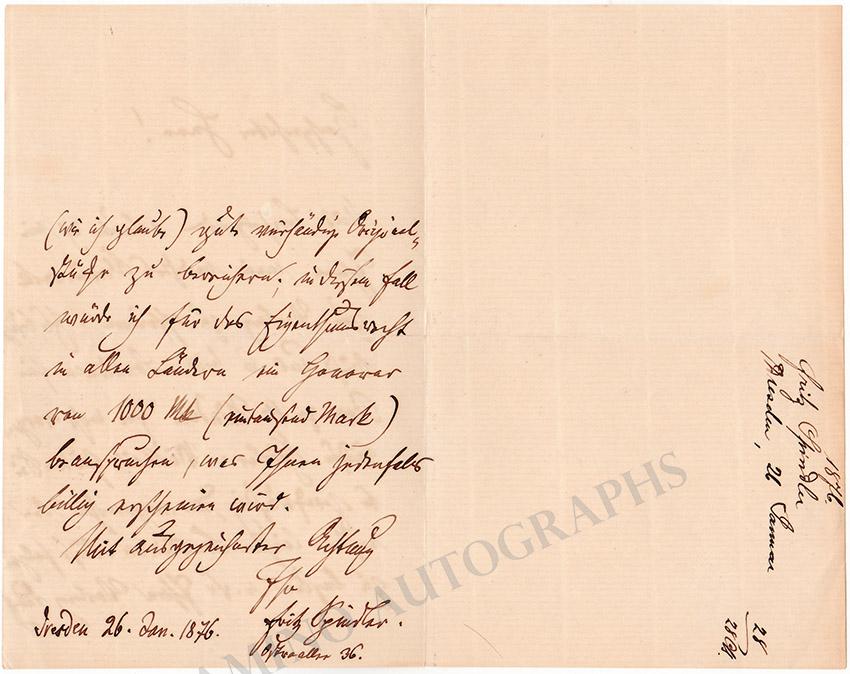 Spindler, Fritz - Autograph Letter Signed 1876 - Tamino
