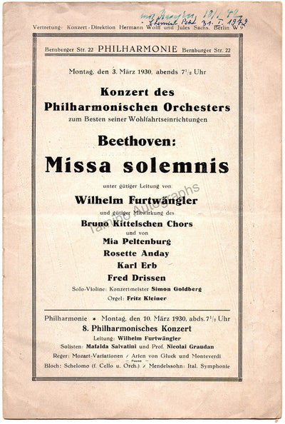Furtwangler, Wilhelm - Concert Program Missa Solemnis 1930
