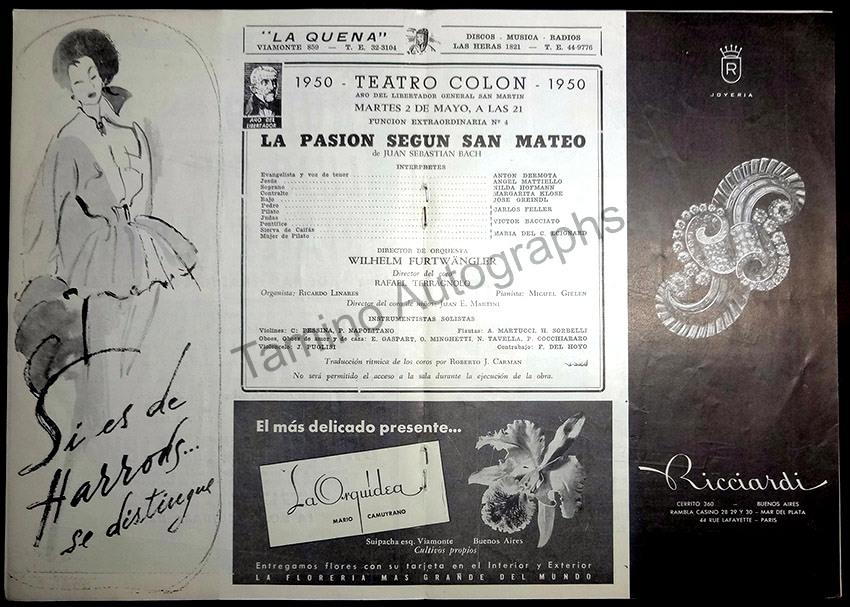 Furtwangler, Wilhelm - Concert Program St. Matthew Passion Teatro Colon 1950 - Tamino