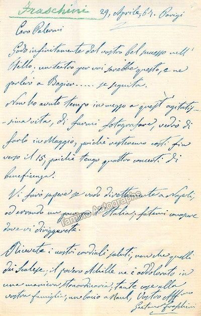 Fraschini, Gaetano - Autograph Letter Signed 1867