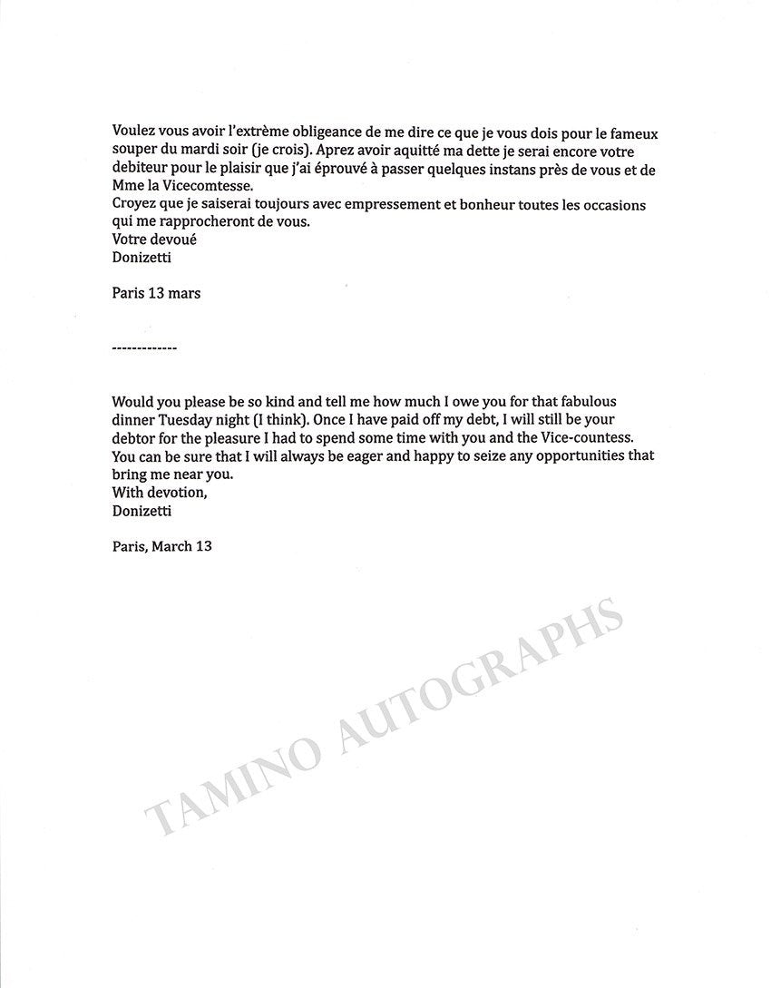 Donizetti, Gaetano - Autograph Letter Signed 1839 - Tamino