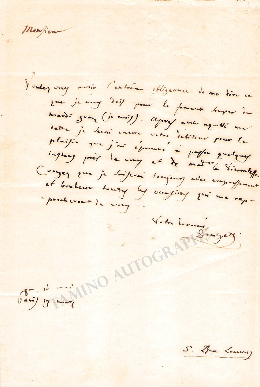 Donizetti, Gaetano - Autograph Letter Signed 1839 - Tamino
