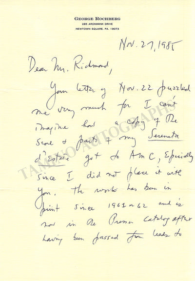 Rochberg, George - Autograph Letter Signed 1985