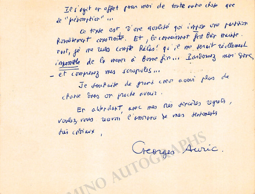 Georges Auric Autograph Letter Signed 1957 – Tamino