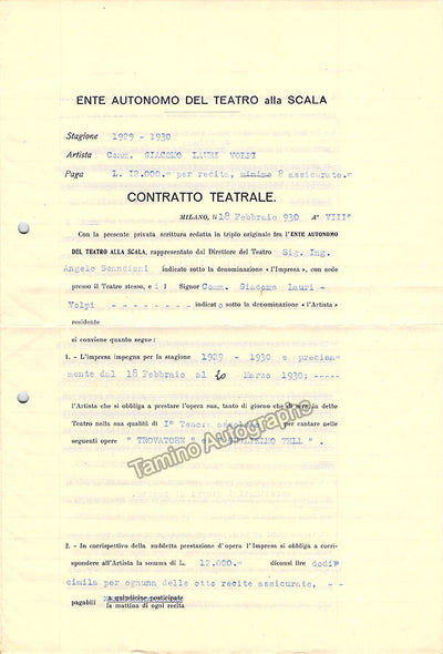 Lauri-Volpi, Giacomo - Signed La Scala Contract + Unsigned Photograph in Turandot
