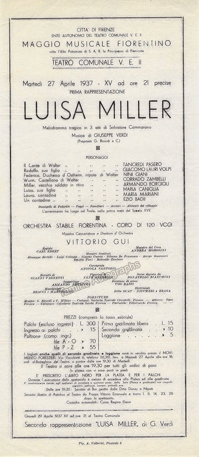 Teatro Comunale - Luisa Miller Unsigned Playbill 1937