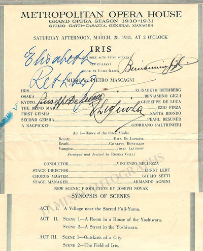 Gigli, Beniamino - Rethberg, Elisabeth - Pinza, Ezio - De Luca, Giuseppe - Signed Program Clip Metropolitan Opera New York 1931