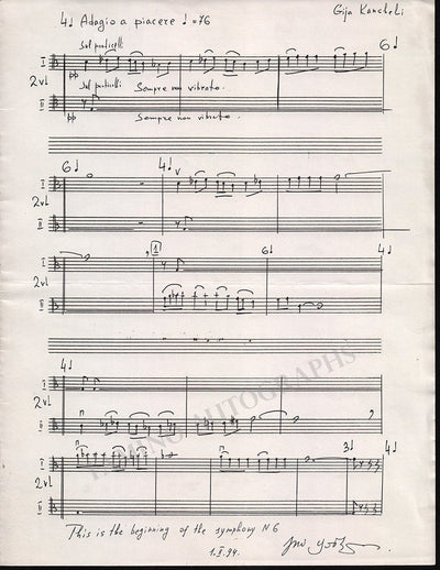 Kancheli, Giya - Large Autograph Music Quote Signed 1994