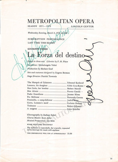 Corelli, Franco - Cruz Romo, Gilda - Signed Cast Page Metropolitan Opera 1972