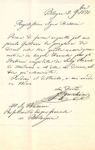 Zucchini, Giovanni - Autograph Letter Signed 1871