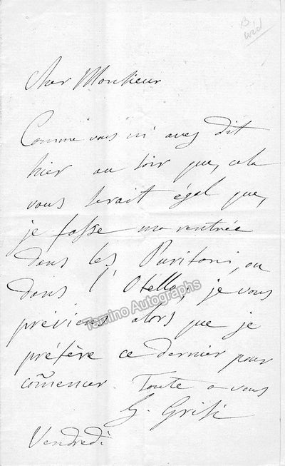 Grisi, Giulia - Autograph Note Signed