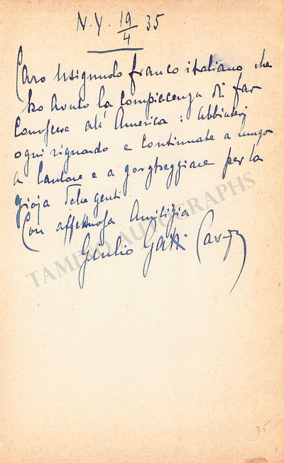 Gatti-Casazza, Giulio - Autograph Note Signed 1935