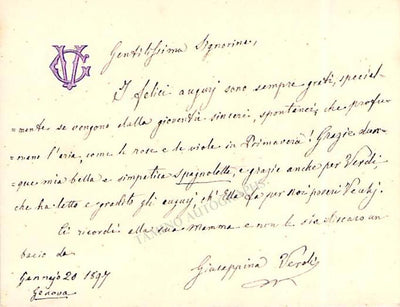 Verdi, Giuseppina - Autograph Note Signed 1897